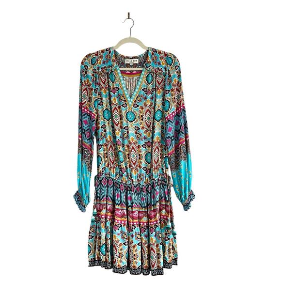 Hale Bob Oona mini Dress turquoise blue print Size M Boho chic Western Festival - Picture 2 of 12